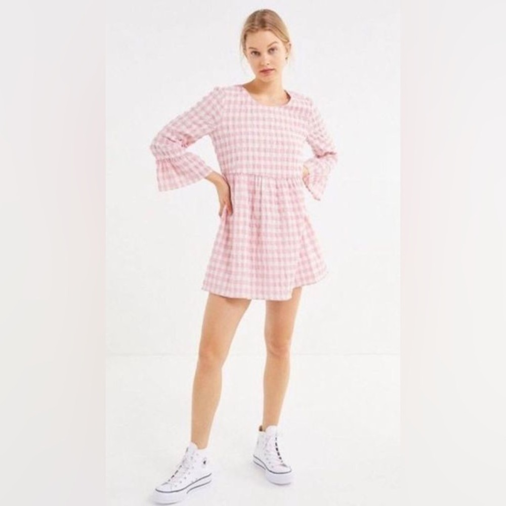Urban Outfitters Seersucker Long Sleeve Mini Dress Pink Gingham xs